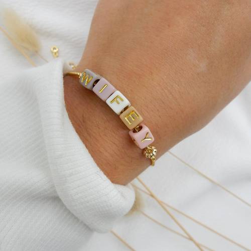 Gold Custom Bead Name Bracelet | Adjustable Word Bracelet Personalized Jewelry Kids Family Cube Bracelet Beaded 90s Gift for Her Bestie