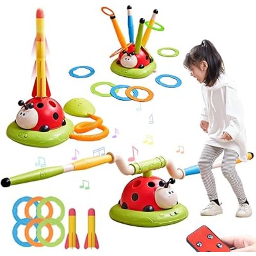Powza 3 in 1 Musical Jump, Toss Ring Game and Stomping Launch Rocket Launcher for Kids Outdoor Toys with Remote Control, Indoor Outside Toy for Kids Ages 4-8 Toys for Ages 5-7 8-13 Birthday Gifts