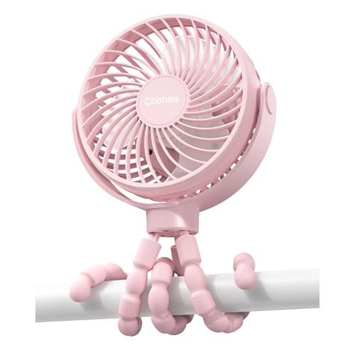 Coohea Stroller Fan Clip on for Baby, 4000mAh Rechargeable Battery Operated, Flexible Tripod, 3 Wind Speed, 360° Rotatable, Small Portable Fan for Car Seat Crib Backseat Beach Travel Camping, Pink