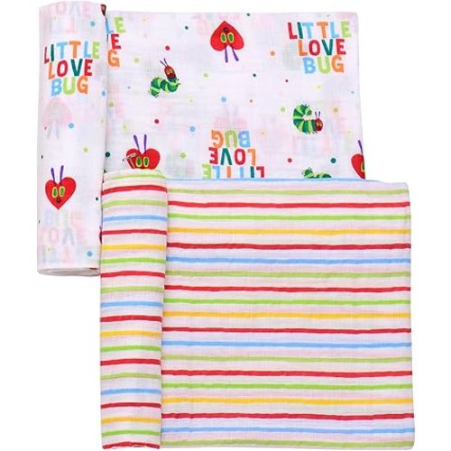 2 Pack Cotton Muslin Swaddle Blankets for Baby, 40" x 36", Lightweight, Breathable (The Very Hungry Caterpillar, Little Love Bug) Multicolored