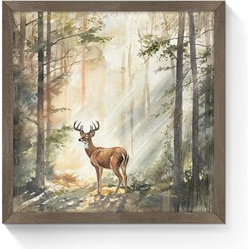 Small Forest Deer Wall Art: Framed Natural Elk Wooden Decor Wildlife Animal Pictures Artwork Vintage Print for Bathroom Bedroom 12" W x 12" H