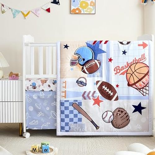 3-Piece Crib Bedding Set for Boys - Soft & Skin Friendly Baby Bedding Set Includes Crib Comforter, Sheet & Crib Skirt (Sports)