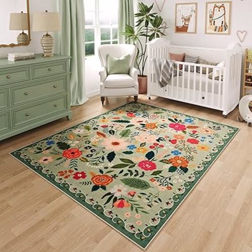 Rugcomf Area Rug 4x6 Rug Washable Boho Rugs Non Slip Low Pile Floral Small Carpet for Bedroom, Bedside, Kids Room, Office, Dining Room(Green)