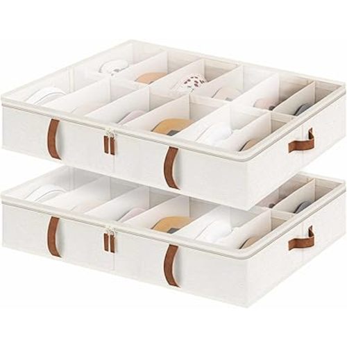 StorageWorks Under Bed Shoe Storage Organizer, Underbed Shoes Container with Adjustable Dividers, Shoe Storage Basket with Cover, Beige, 2-Pack, Space-Saving Shoe Box Fits up to 24 Pairs