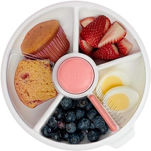 GoBe Kids Large Snack Spinner Slide Bundle with Hand Strap and Sticker Sheet - Reusable Snack Container with 4 Compartment Dispenser and Lid | BPA/PVC Free | Dishwasher Safe | No Spill - Coral Pink