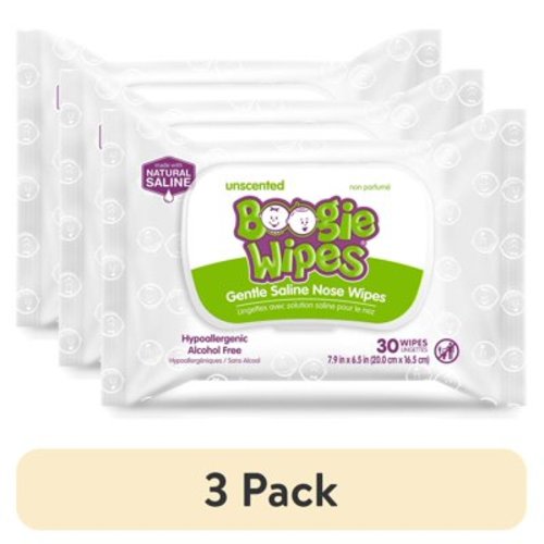 (3 pack) Boogie Wipes Gentle Saline Wet Wipes for Runny or Dry Nose, Hypoallergenic, Unscented, 30 Count