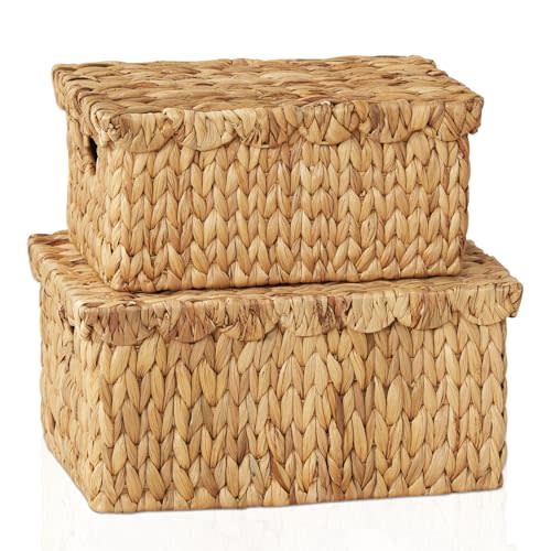 FairyHaus Wicker Basket with Lid, Scalloped Wicker Storage Basket with Removable Tray Lid, Handwoven Natural Water Hyacinth Bakests with Handles for Nursery 2Pack, 15 x 11.22 x 7" & 13 x 9.45 x 5.9"