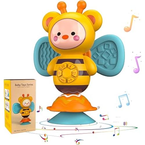 Tinabless Suction Cup High Chair Toy, Baby Musical Toy Yellow Bee Toy with Music and LED Lights, Infant Light Up Toys, Developmental Tray Toy, Newborn Gifts for Ages 6 Months and Up Boys Girls