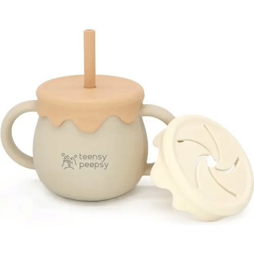 Honey Pot 2-in-1 Silicone Training Cup 8.5oz, Unisex Baby Sippy Cup with Straw & Snack Cup for 6 months+ Break Resistant Straw Cup, Toddler Smoothie (Sandy Beige)