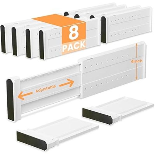 8 Pack Drawer Dividers for Clothes Adjustable Drawer Dividers 4" High Expandable from 11"-17" for Dresser Baby Clothes Bathroom Bedroom Kitchen and Office Storage，White
