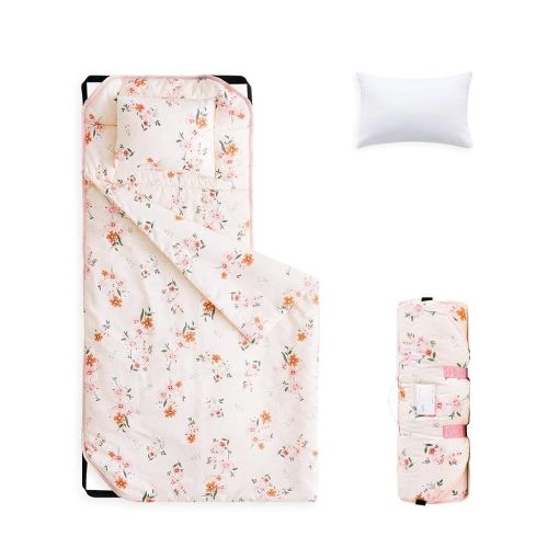 Wake In Cloud - Cot Nap Mat with Pillow and Blanket, 100% Cotton Fabric, for Toddler Kids Boys Girls in Daycare Kindergarten Preschool with Elastic Corner Straps, Floral Flowers on Light Pink