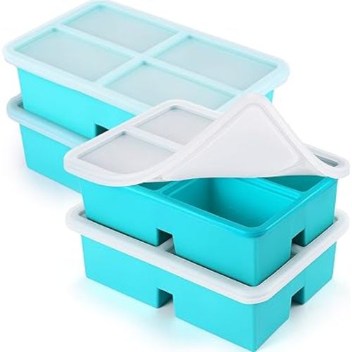 4 Pack Silicone Freezer Trays With Lid - 1 Cup Molds for Soup, Broth, Leftovers - Microwave-Safe Container - Aqua