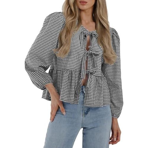 PRETTYGARDEN Women's Spring Fall Babydoll Peplum Blouse Shirt Puff Long Sleeve Bow Tie Front Trendy Cute Y2K Going Out Tops