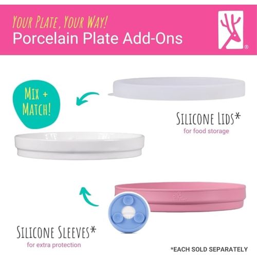 Elk and Friends Kids 7.8” Porcelain Plate Silicone Suction Sleeves | Microwave & Dishwasher Safe