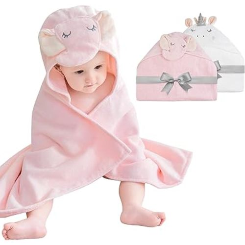 Softan 2 Pack Baby Hooded Towels, Premium Soft Cotton Baby Bath Towels with Hood, Extra Thick and Super Absorbent, Essential for Newborns, Infants and Toddlers (Pink Elephant & White Unicorn)
