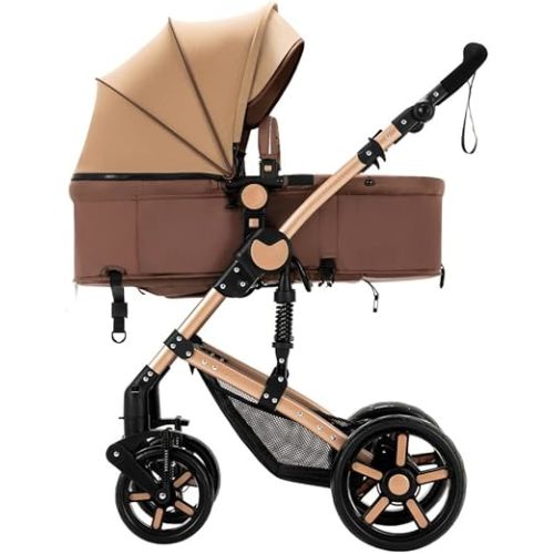 2 in 1 Convertible Reversible Bassinet Stroller with Triangular Frame & Dual Spring Suspension, One-Click Folding for Newborns & Toddlers(Khaki)