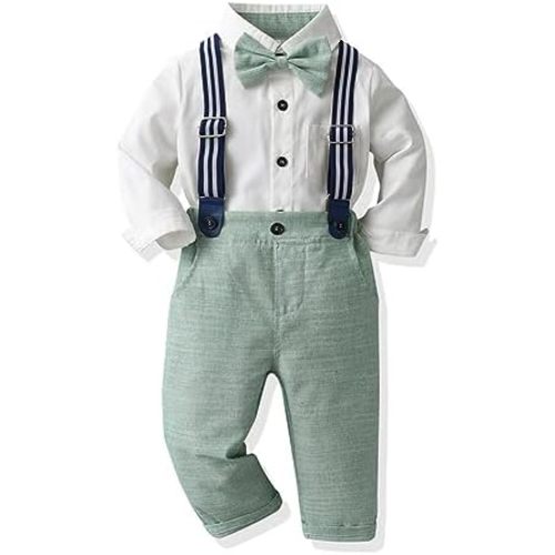 IDOPIP Toddler Kids Baby Boys Formal Suit Gentleman White Shirt with Bowtie + Suspender Shorts Pants Overalls Clothes 6M-5T