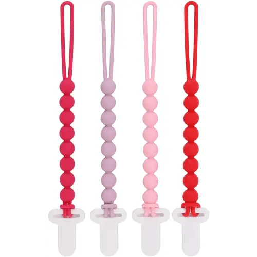 4-Pack Silicone Pacifier Clips with One-Piece Beads for Baby Boys and Girls - Flexible and Rust-Free Holders for Teething Relief and Baby Essentials, Safe for Newborns (Pink)