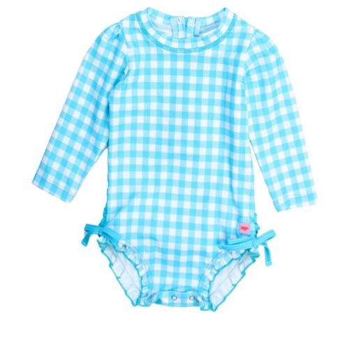 RuffleButts Baby Girls UPF50+ Sun Protected Gingham Long Sleeve One Piece Rash Guard