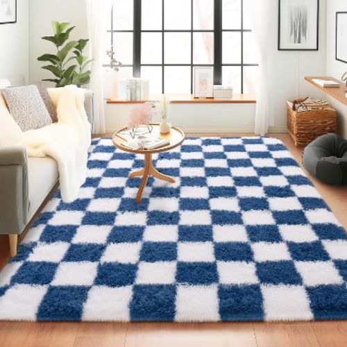 5x7 Feet Checkered Area Rugs For Living Room, Black Modern Super Soft Fluffy Rugs for Bedroom Home Aesthetic Decor white blue 60x84 inch