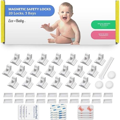 Eco-Baby Magnetic Cabinet Locks for Babies - Keyless, White, 20 Pack and 3 Keys