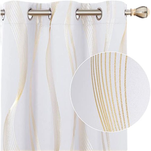 Deconovo Blackout Curtains, Wave Striped Golden Foil Print Light Greyish White Curtains, Room Darkening Curtains for Bedroom, 42x45 Inch, 2 Panels