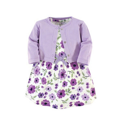 Baby Girls Baby ganic Cotton Dress and Cardigan 2pc Set, Purple Garden