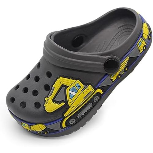 FolHaoth Toddlers Clogs EVA Cute Cartoon Excavator Racecar Pattern Boys Girls Clogs Slip on Lightweight Breathable Kids Clogs Sandals Non Slip Indoor Outdoor Beach Pool Shower Slippers Shoes