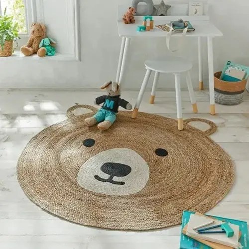 Living Room, Kitchen Hand Woven Carpet Braided Rug Decorative Jute Rugs For Farmhouse Modern Area Rugs Teddy Bear Pattern Braided Round Area Rugs For Kids Room (3 Feet)