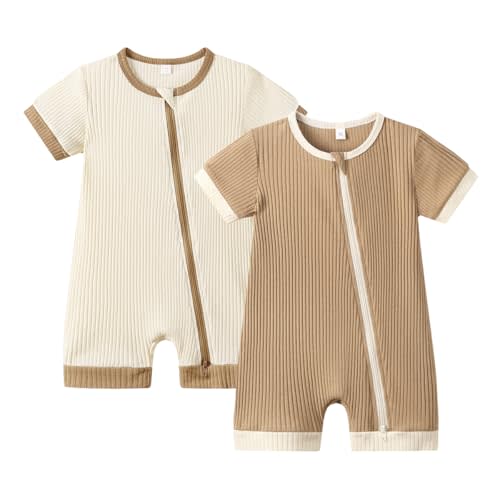 Bafeicao Unisex Baby Boy Girl 2 Pack Rompers Short Sleeve 2 Way Zipper One Piece Jumpsuits Clothes Sets