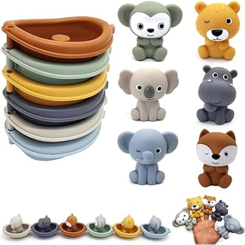 Bath Toys Floating Boats, 12 Pcs Baby Bath Toys for Infants 18 Months & Toddlers 1-5, Silicone Finger Puppet Set Shower Toys Bathtub Toys for 2 3 4 5 Boys Girls Kids (12)