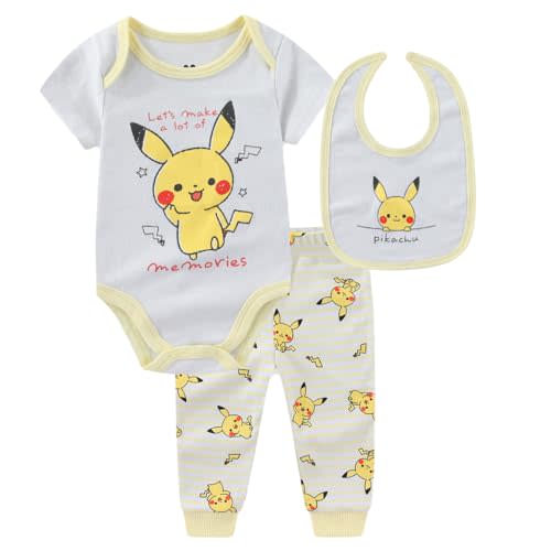 Pokémon Monpoke Baby Boys Bodysuit Bib and Pants 3 Piece Set for Newborn Infants