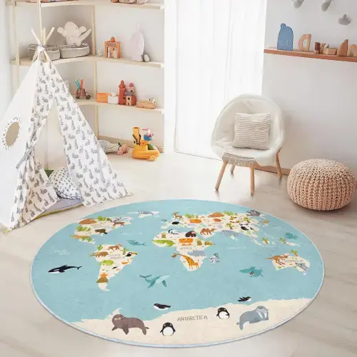 Colorful Animal World Map Rug, Round Kids Room Carpet, Play Mat for Learning, Children's Room Decor, Soft and Cozy Nursery Rug