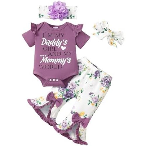 SUNNY PIGGY Newborn Baby Girl Clothes Infant Outfits Romper Floral Fall Outfit Bell Bottoms Pant Sets Hat Headband Flowerpant