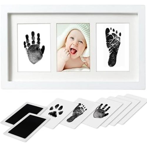 Baby Hand and Footprint Kit,Inkless Baby Handprint Kit with 2 Safe Clean-Touch Ink Pads and a Wooden Picture Frame for Newborn,Gifts for New Parents, Shower gift
