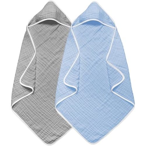2 Pack Baby Hooded Bath Towel - 100% Muslin Cotton, 32x32 Inch, Gray & Blue with White Trim, Soft Absorbent Newborn Infant Toddler Towel
