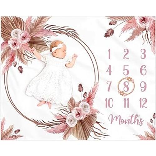 Floral Boho Baby Monthly Milestone Blanket Little Girl Bohemian Photo Prop Blanket Personalized Bliss Baby Present Pampas Grass Ideas for Newborn Princess Pinkk Nursery Décor 40" X 50"