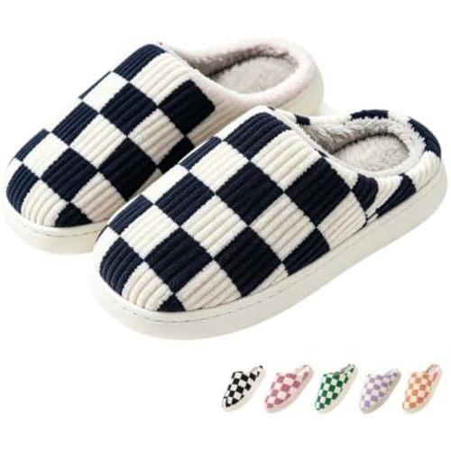 Checkered Slippers for Women and Men - Fuzzy House Slippers with Memory Foam, Comfy Plush Fluffy Indoor House Shoes, Cozy Warm Slip on Bedroom Slippers with Non-Slip Sole