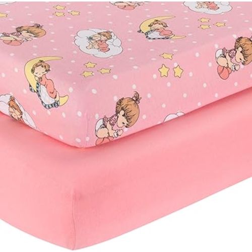 2 Pack Fitted Crib Sheets for Girls in 100% Jersey Knit Cotton – Pink and Yellow Precious Moments Design Plus Solid Pink Girl’s Crib Mattress Sheets by Everyday Kids