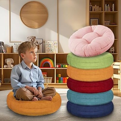 Degrees of Comfort 6Pcs Round Floor Cushions for Kids, Waterproof Flexible Seating for Classroom Elementary, Safe Smolder Resistance Sitting Pillows with Handles, 15-inch, Multicolor