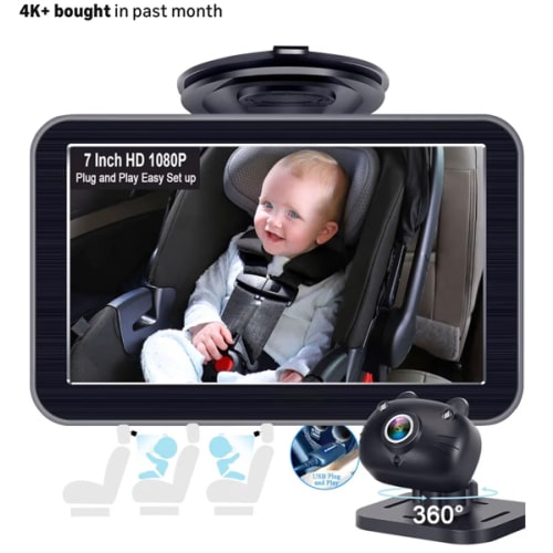 DoHonest Baby Car Camera 7-Inch: USB Plug and Play Easy Setup 360 Degree Rotating Backseat Camera Two Kids HD 1080P Rear Facing Car Seat Cameras Clear Night Vision -V9