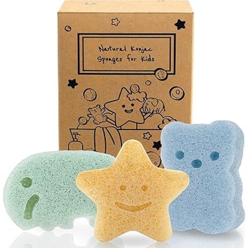 myHomeBody Konjac Baby Sponge for Bathing, Cute Shapes Natural Kids Bath loofah for Infants, Toddler, Newborns, Safe Plant-Based, 3pc. Set: Elephant, Bear & Star