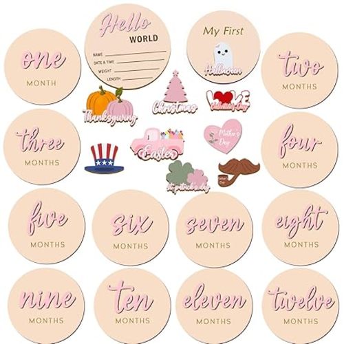 Monthly Baby Milestone Maker Discs, Baby Milestone Signs for Newborn Baby, Hello World Newborn Sign for Baby Girl & Boy, Baby Announcement Sign for 1-12 Month, Milestone Wooden Circles (Pink)