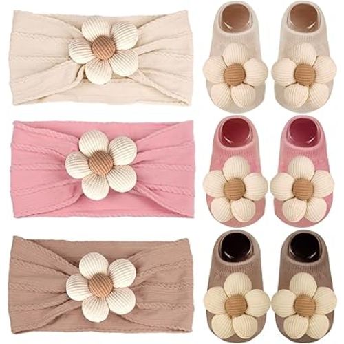 Baby Girls Headbands and Socks Newborn Flower Hairbands Non-Slip Grips Socks Nylon Hair Accessories Infants and Toddlers (Beige, 6-12 Months)