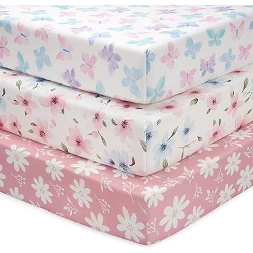 Baby Mini Crib Sheets Girl, Portable 38”x26” Pack and Play Sheets Fitted for Playard and Pack N Play Mattress, 3-Pack Soft Microfiber Pink Butterfly Flower