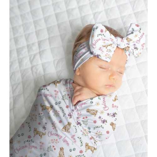 Golden Retriever Swaddle Blanket With Name Wildflower Golden Retriever Baby Girl Newborn Gift Hospital Announcement Blanket | Wildflower
