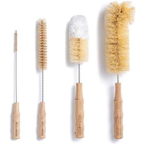 4Pcs Long Handle Bottle Cleaning Brush Set by HELLO NATURE, Sustainable & Biodegradable Natural Fibre Bamboo Handle Brushes Zero-Waste & Plastic Free