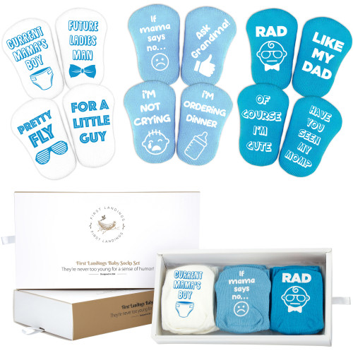 First Landings Blue Baby Socks with Fun Quotes, Baby Gift Set, Photo Props