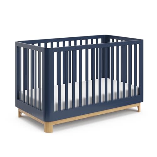Storkcraft Santos 3-in-1 Convertible Crib (Midnight Blue with Natural) – GREENGUARD Gold Certified, Fits Standard Crib Mattress, Converts to Toddler Bed, Modern Style, Rounded Designer Details