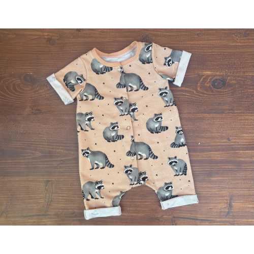 Organic Handmade Infant Rolled Hem Romper, Raccoons